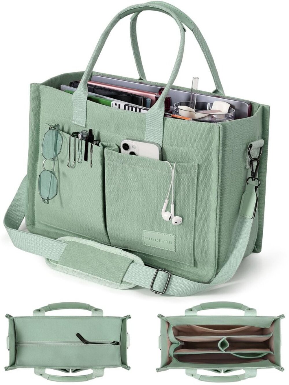 Canvas Tote Bag for Women with Zipper Closure & Individual Compartments for Work